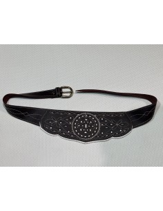 Fajín  de Cuero Rociero Brocado en Marrón Oscuro