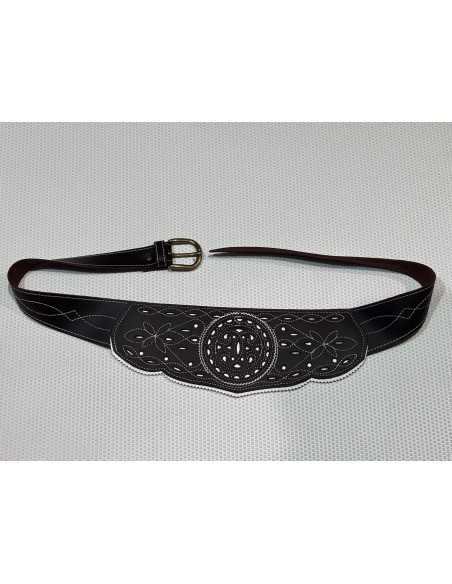 Fajín  de Cuero Rociero Brocado en Marrón Oscuro