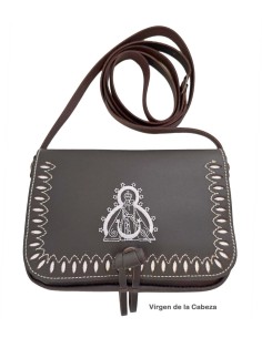 Bolso Riñonera bordado con la Virgen de la Cabeza en cuero Marrón Oscuro