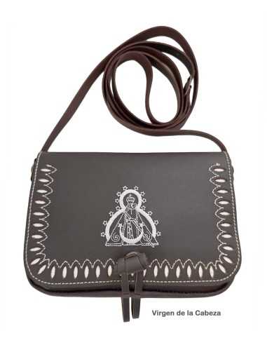 Bolso Riñonera bordado con la Virgen de la Cabeza en cuero Marrón Oscuro