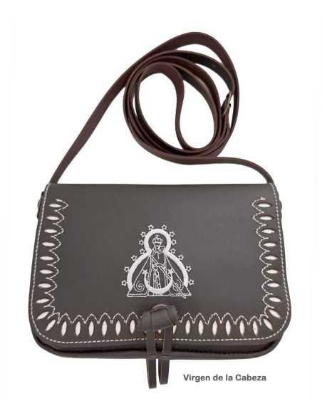 Bolso Riñonera bordado con la Virgen de la Cabeza en cuero Marrón Oscuro