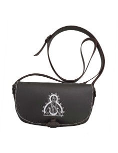 Bolso Riñonera liso bordado con la Virgen de la Cabeza en cuero Marrón Oscuro