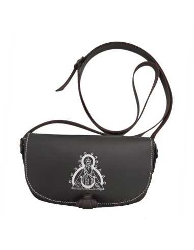 Bolso Riñonera liso bordado con la Virgen de la Cabeza en cuero Marrón Oscuro