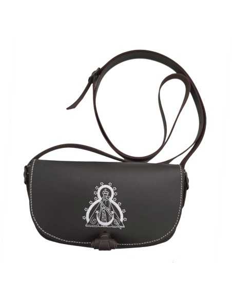 Bolso Riñonera liso bordado con la Virgen de la Cabeza en cuero Marrón Oscuro
